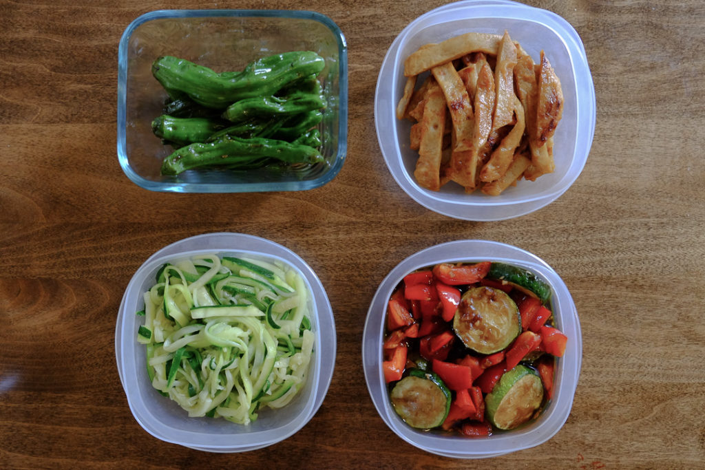 ししとう、さつま揚げ、ズッキーニのマリネ、ズッキーニのナムル