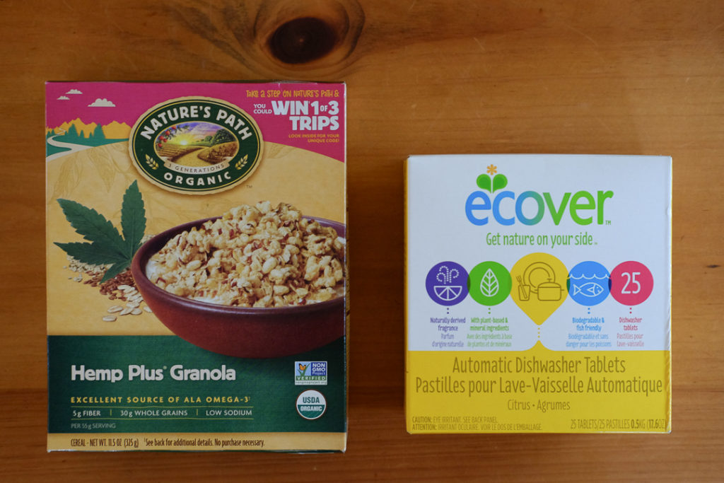 ヘンプ入りグラノーラとエコベールの食器洗い用洗剤